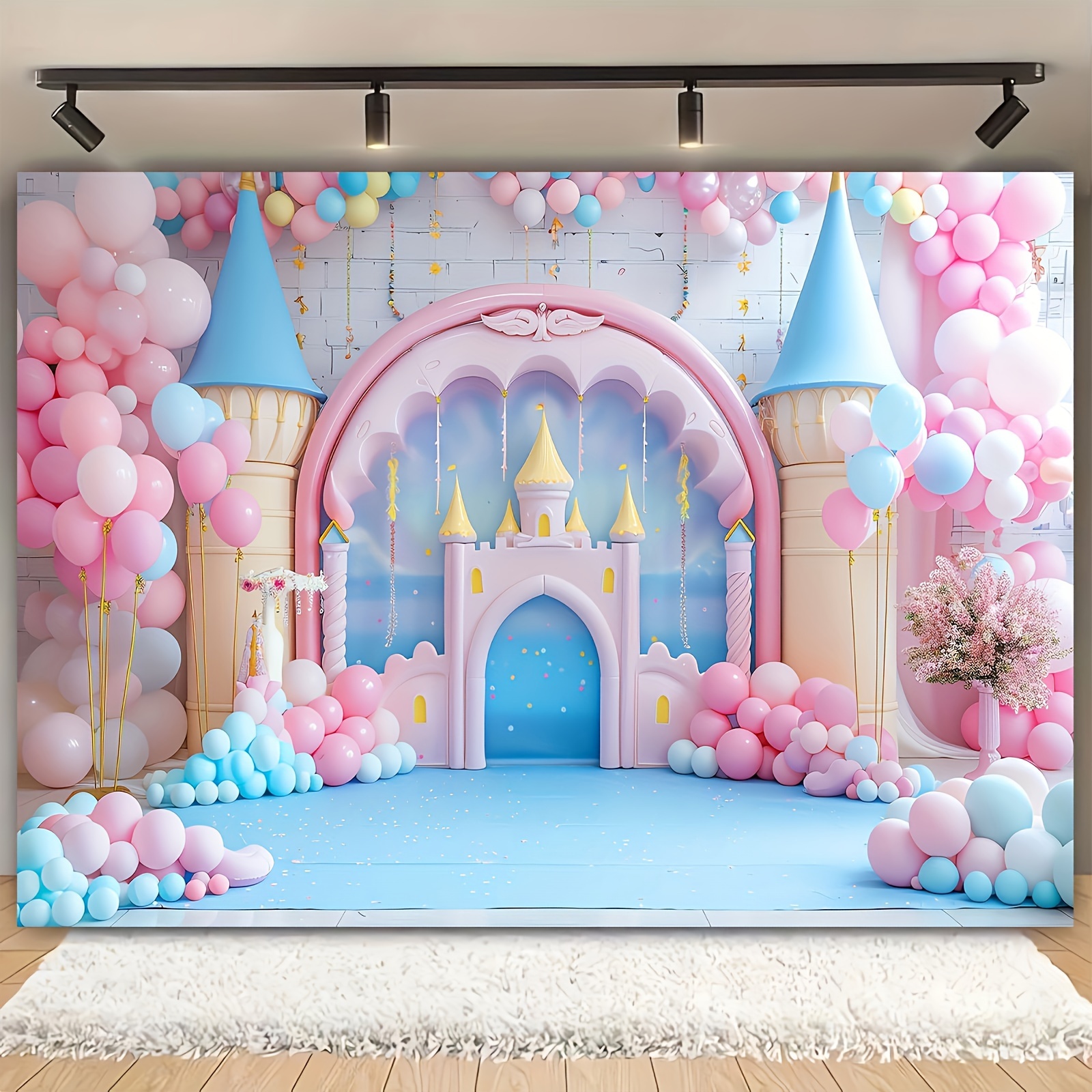 

Fairy Tale Castle & Floral Balloon Photography Backdrop - Versatile Polyester Background For Birthdays, Weddings, Showers & Parties