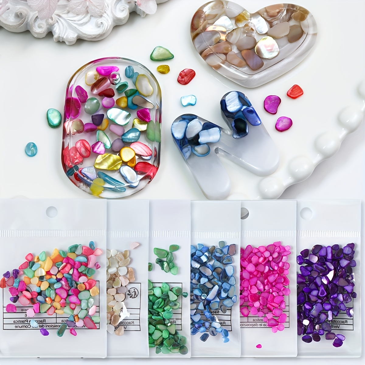 E-shop 30G/6 Beutel, 3mm-6mm Farbige Steine, für Nagelkunst Dekoration, Sets, Füllen von Epoxidharzformen, Herstellen von Untersetzer, Schmuckguss,