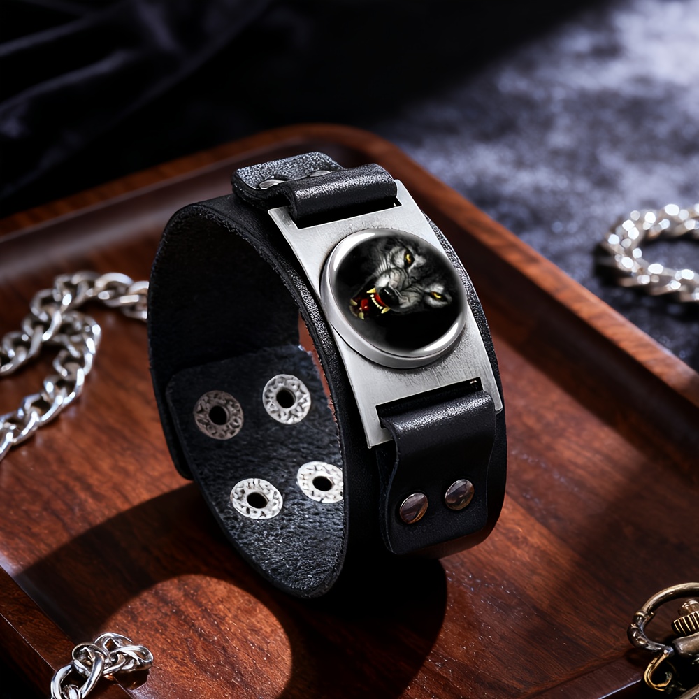 Unisex Wolf Head Design Faux Leather Bracelet, Gift Idea