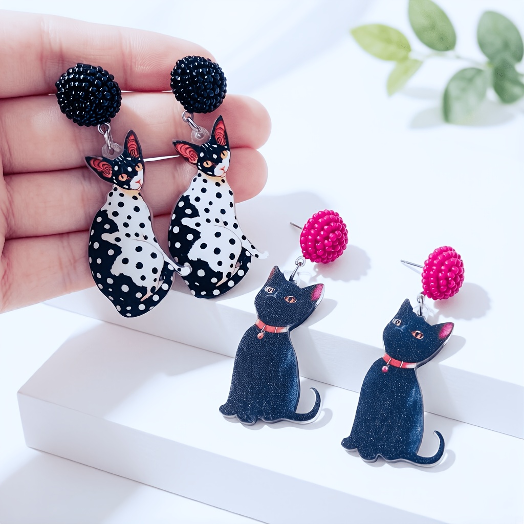 Handmade Cute Y2K Black and White Polka Dot Cat-Shaped Earrings