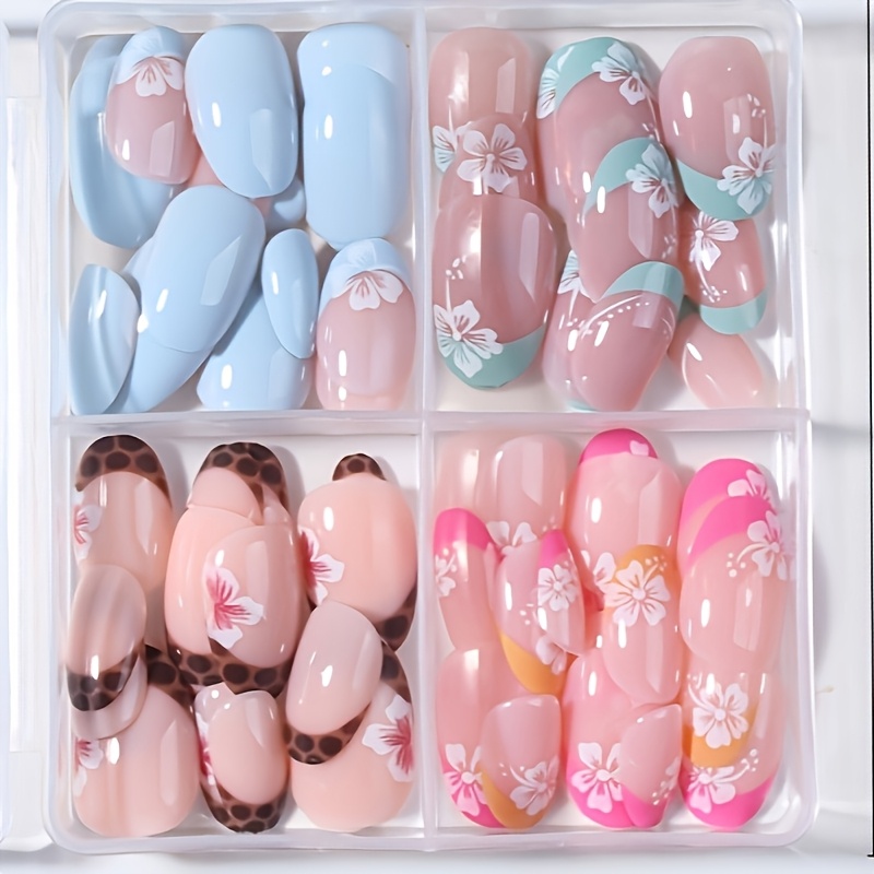 Image of 96pcs Summer Style Nail Art Set, Featuring Vacation-inspired Designs: & Nude Pink Contrast, Light Floral, Leopard Print Pink Floral, Pink-orange Gradient Floral, Complete With Jelly Glue + Nail File