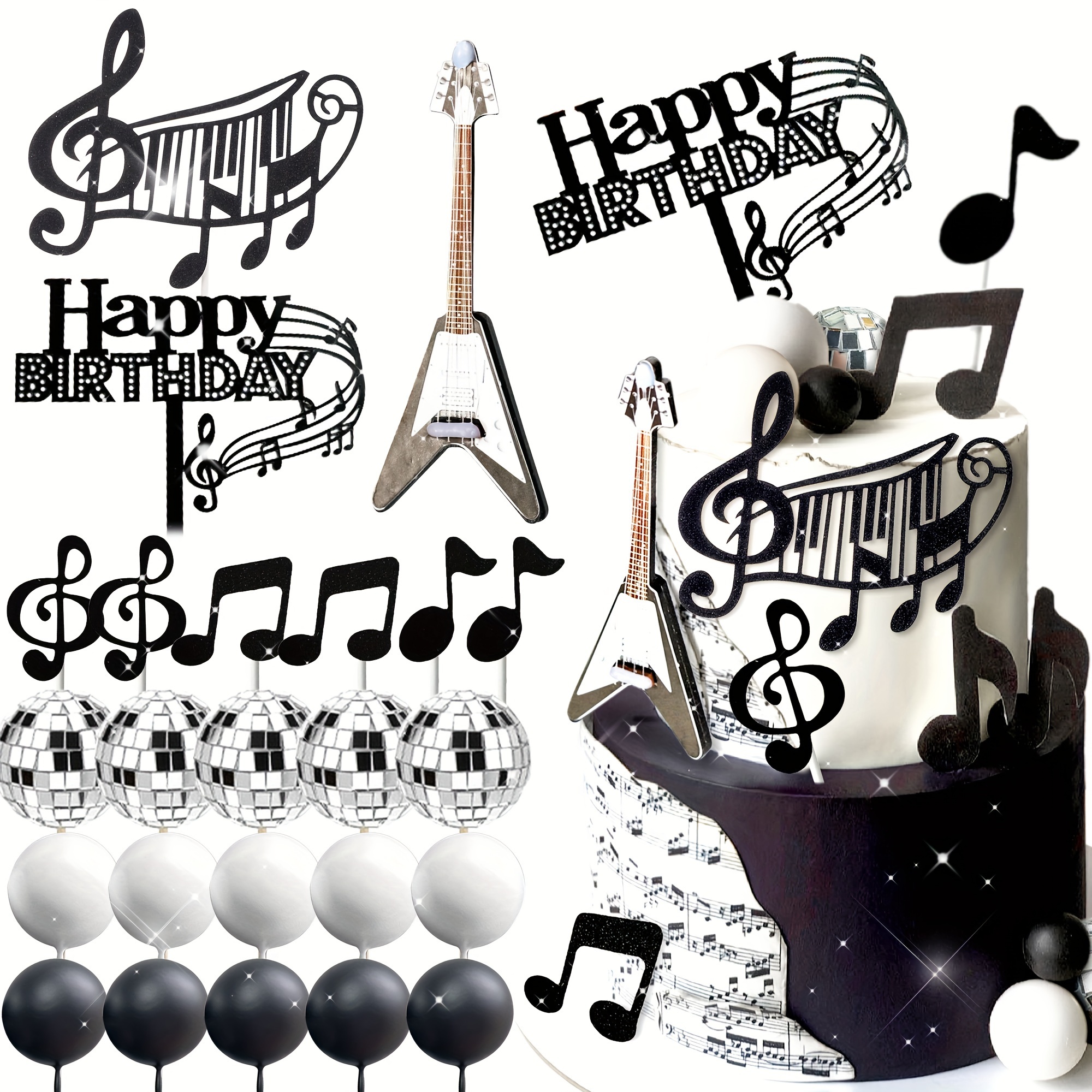 Image of Laventy 23/24pcs Disco Ball Music Cake Topper Guitar Cake Toppers Music Notes Balls Cake Decorations For Musician Birthday Theme Party