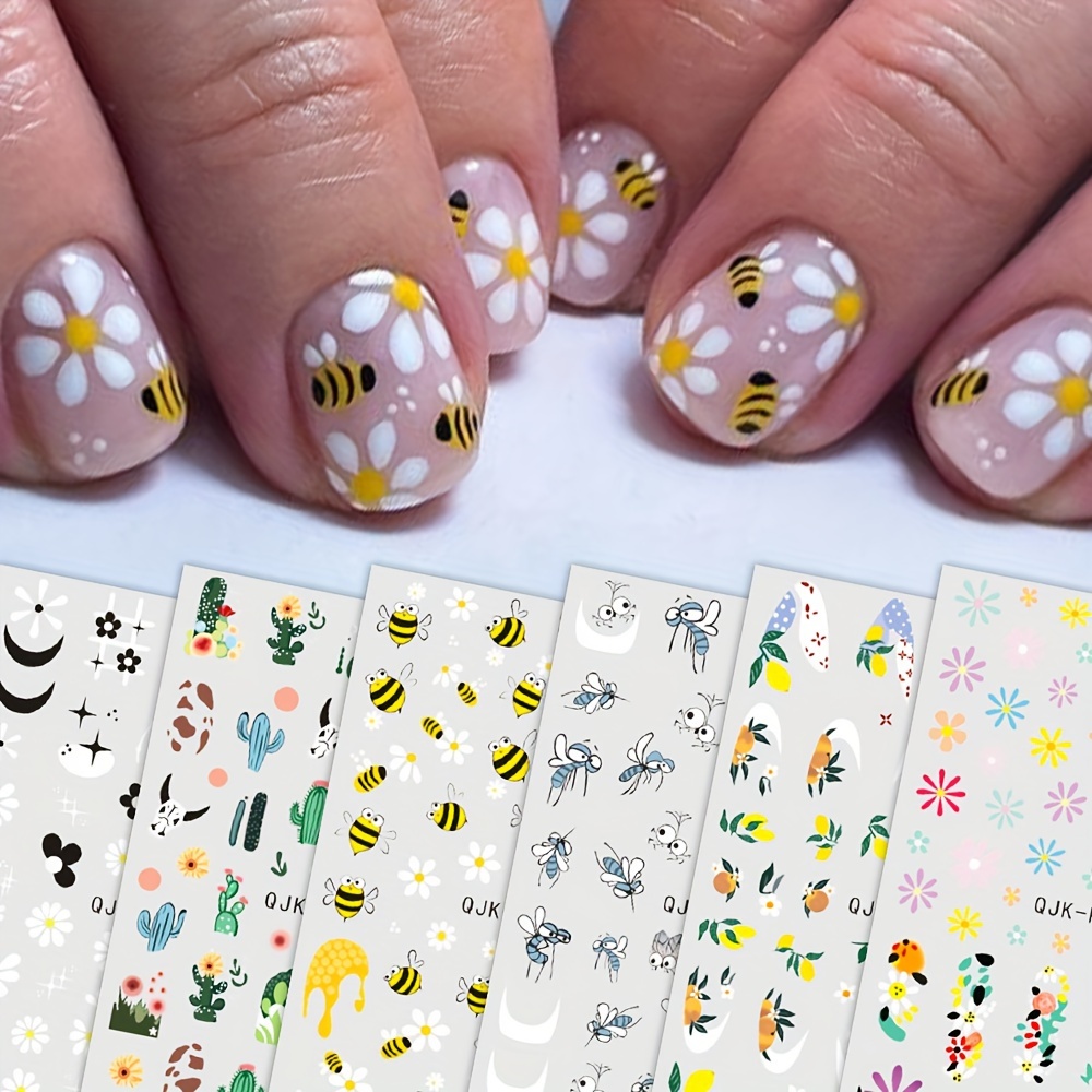 

glittery Floral" 6-piece Floral Nail Art Stickers - Self-adhesive, Sparkle Finish Decals With Daisy, Leaf, Fruit & Bee Designs For Women And Girls