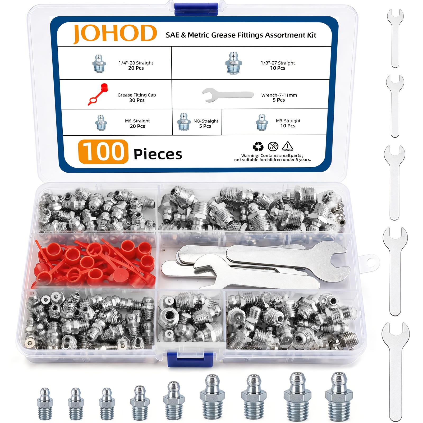 TEMU Kit assortimento di raccordi per grasso SAE e da 100 pezzi - raccordi dritti per grasso da 1/4", 1/8", M6, M8 e M10, pi羅 una chiave , superficie