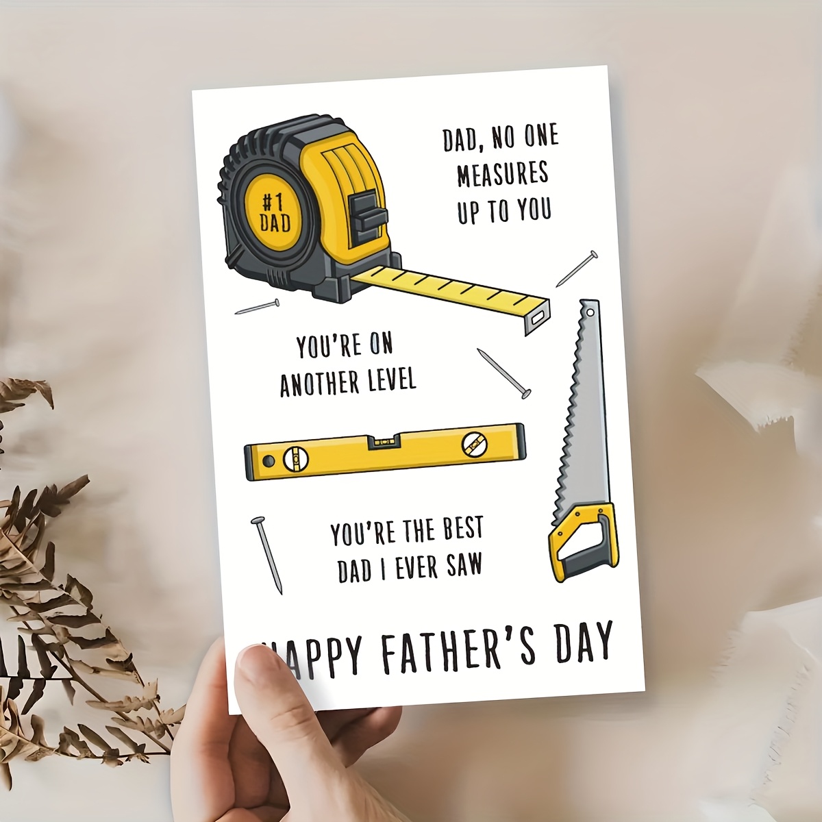 TEMU Tool-themed Card - “dad, No 1 Measures ” Humorous Greeting Card With Tape Measure & Power Drill Design - Perfect Gift For Handyman Dads Who Love