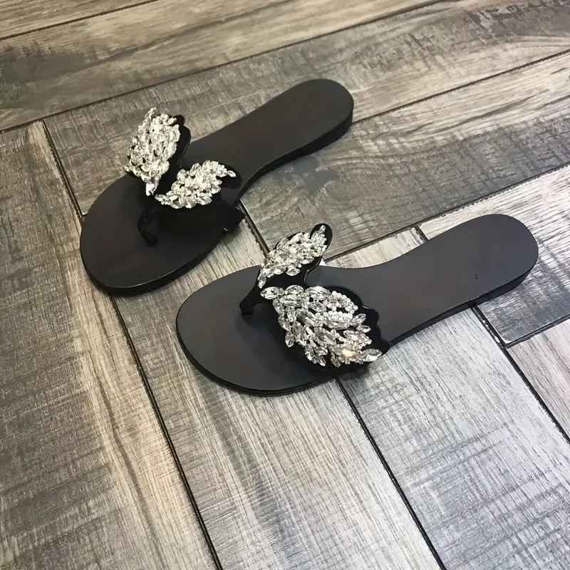 womens fashion rhinestone embellished flat sandals solid color slip on flip flops with fiber and corduroy upper pvc inner and insole open toe casual summer shoes details 2