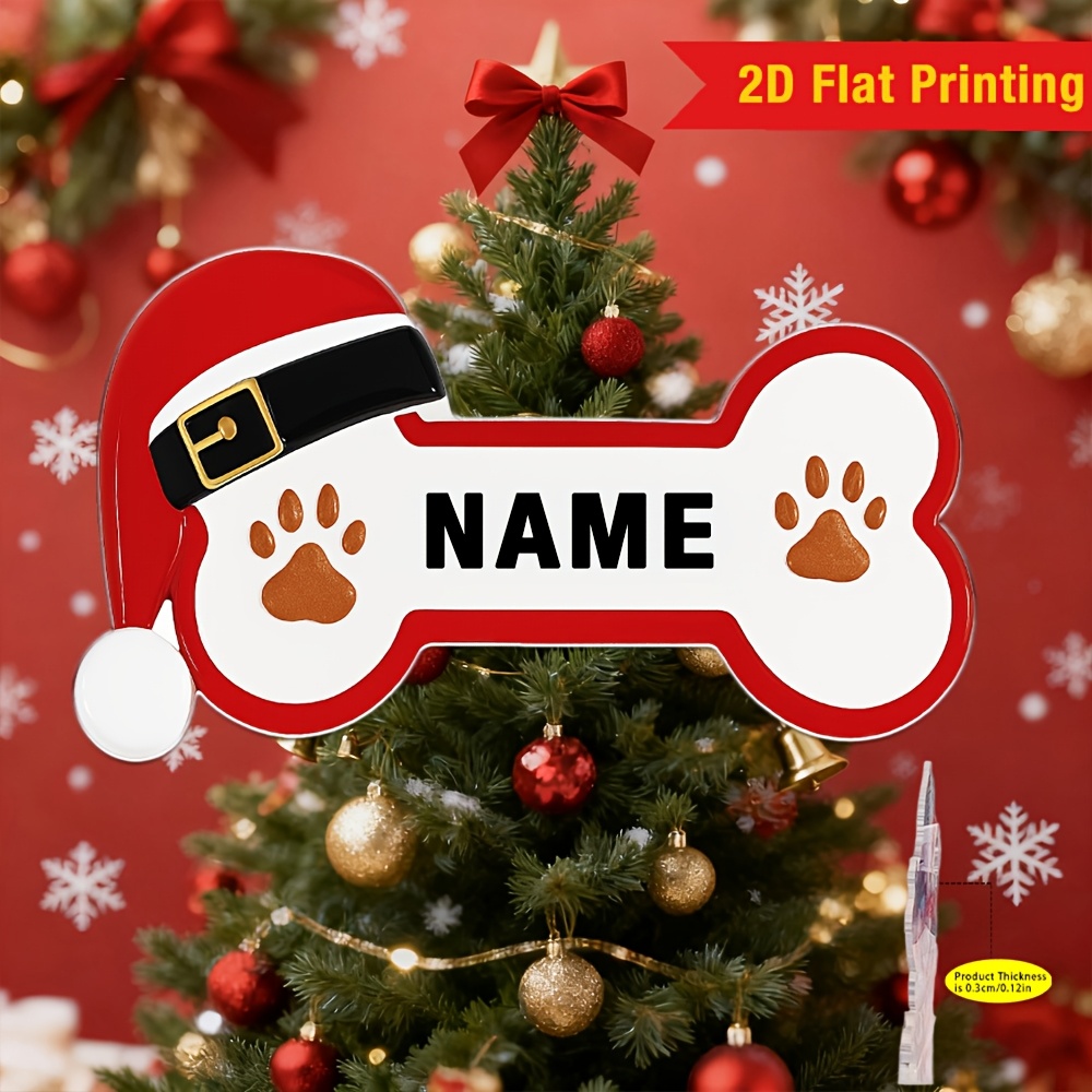 TEMU 2d Flat 1pc Name Personalized Christmas Acrylic Bone Dog Ornament - Tag & Paw Print Diy Name Sign Pendant For Tree Decoration, Durable Plastic,