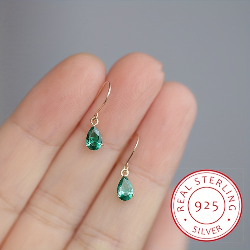 

S925 Sterling Silver Plated Emerald Waterdrop Shaped Dangle Earrings Zircon Plated Earrings Jewelry French Court Style Elegant And Minimalist Luxury, Classical Earrings Jewelry