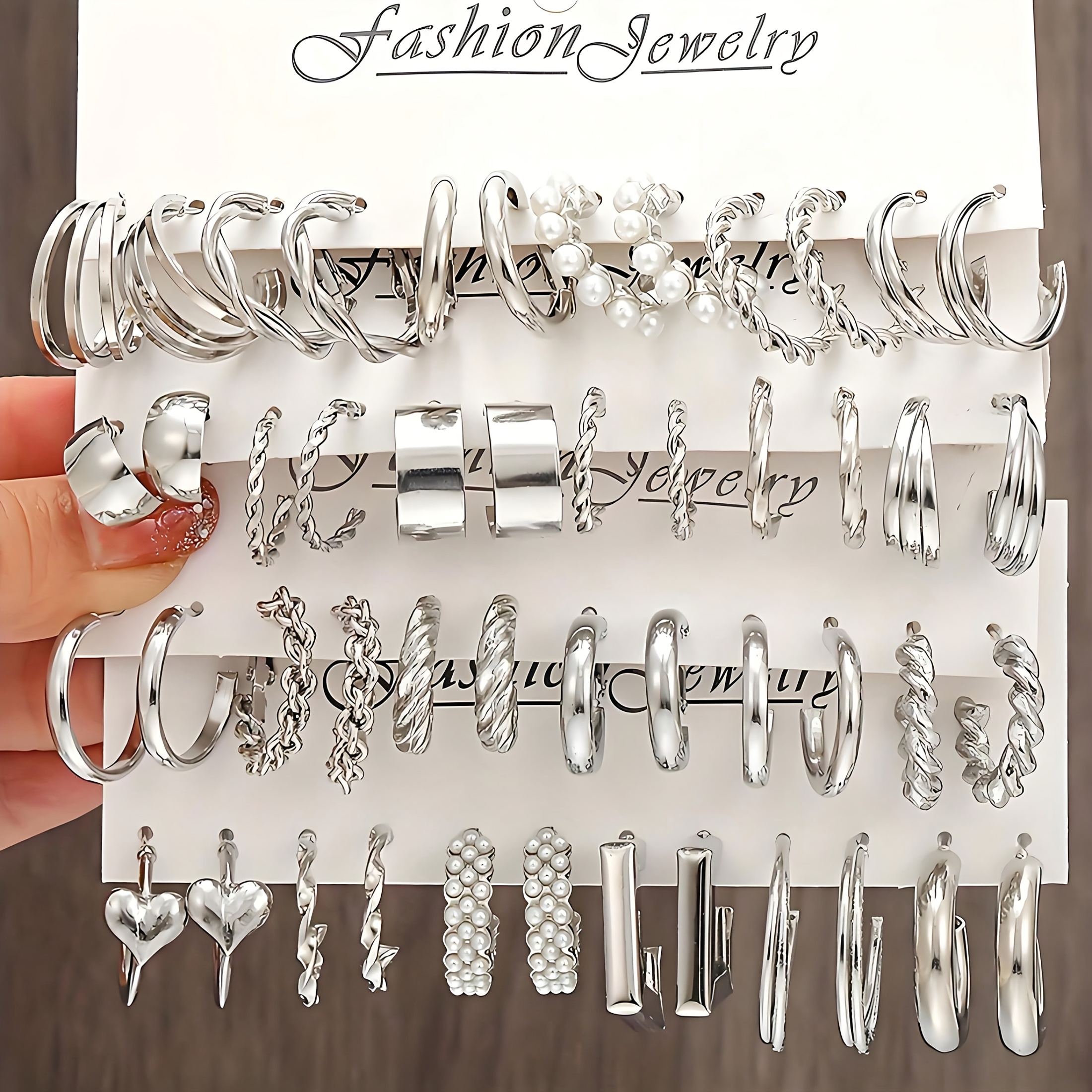 TEMU Random 12/24/36pcs Set Retro Fashion Silvery Twisted Pearl Inlaid Metallic Texture Card-mounted Earrings Women's Elegant Temperament Commute Ear