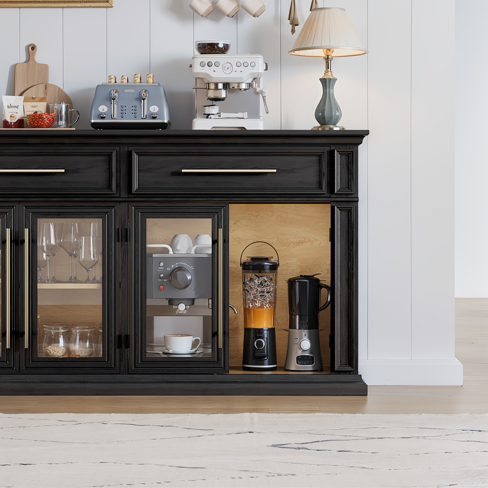 63 Mid-Century Modern Sideboard Cabinet - 2 Smooth-Opening Drawers & 4 Stylish Doors for Spacious Kitchen Storage, Perfect Coffee Bar Accent with Timeless Design