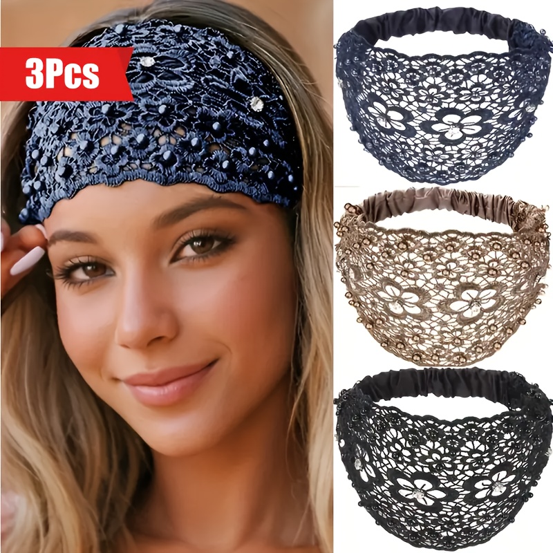 TEMU 3pcs Elegant Lace Floral Headbands With Embellishments – Dark Blue, Golden, Black Crochet Hair Accessories For Women, Casual Or Boho Style Outfits