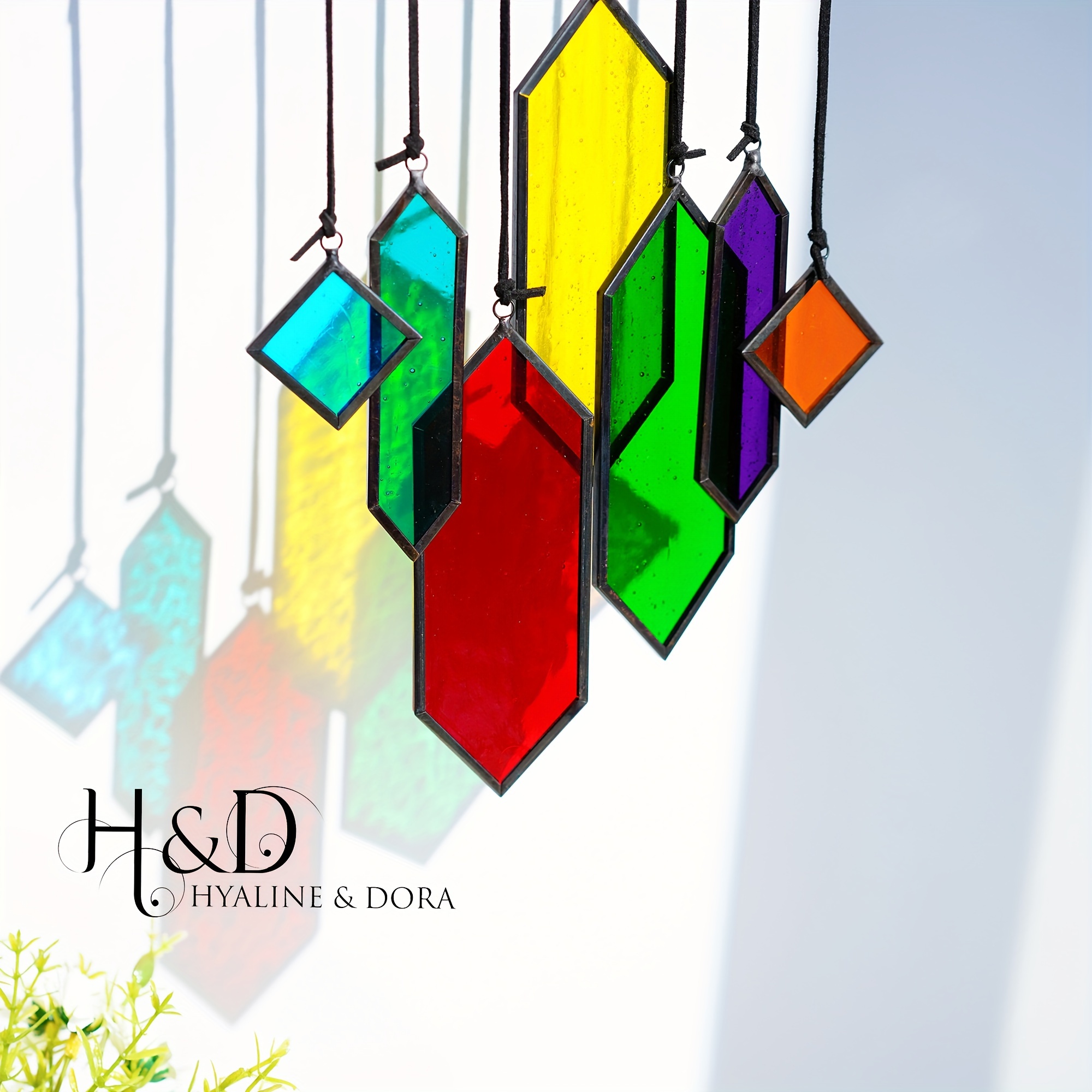 

H&d Hyaline& 7pcs Handcrafted Multi-color Stained Glass Hanging Suncatchers Ornament Wall Art Element Modern Design For Home Garden Window Hanging Decor