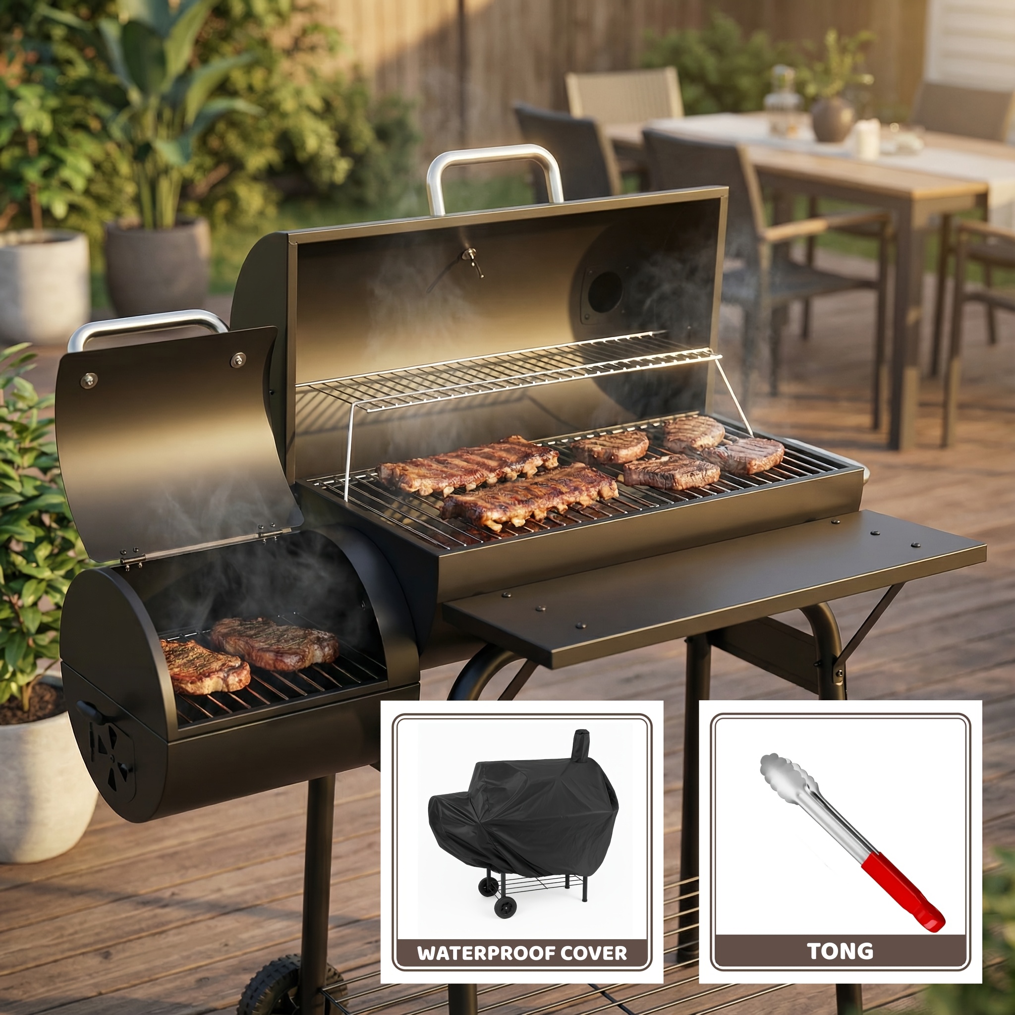 TEMU Charcoal Grill With Offset , Outdoor Bbq With Side Fire Box, Thermometer & Chimney, Heavy Duty Grill With Tong For Backyard Patio Camping & Parties, Without Battery