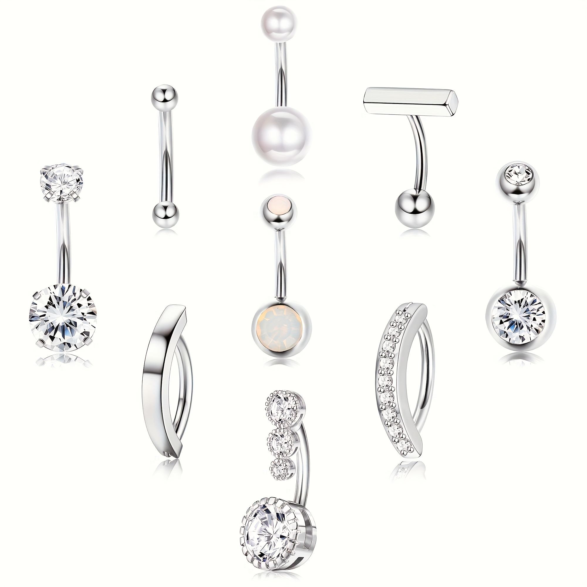 TEMU Elegant 9pcs Stainless Steel Belly Button Ring Set With Cubic Zirconia - & Vacation Wear, Valentine's Gift