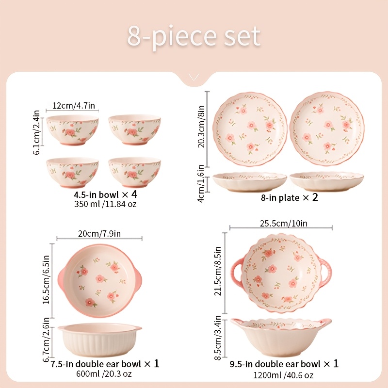 8pcs French Country Ceramic Dinnerware Set With Red Glaze & Peach Pattern - Round Plates, Soup Bowls, Square Plate Suitable For 2-, Elegant Tableware For Everyday Dining & Special Occasions