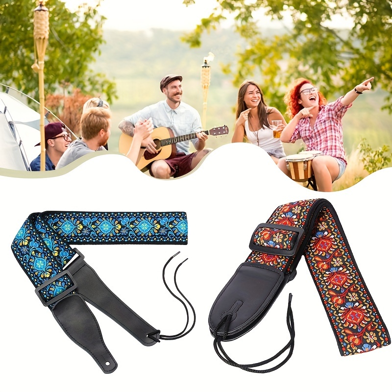 

1pc Adjustable & Embroidered Guitar Strap In With Floral Patterns - Leather Ends, Electric, Acoustic, Bass Guitars - Ideal For Outdoor , Guitar Accessories