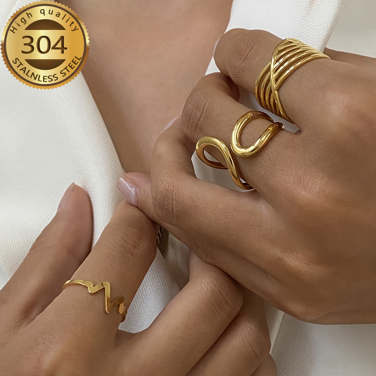 Stainless Steel Golden Plated Multi-Layer Open Ring