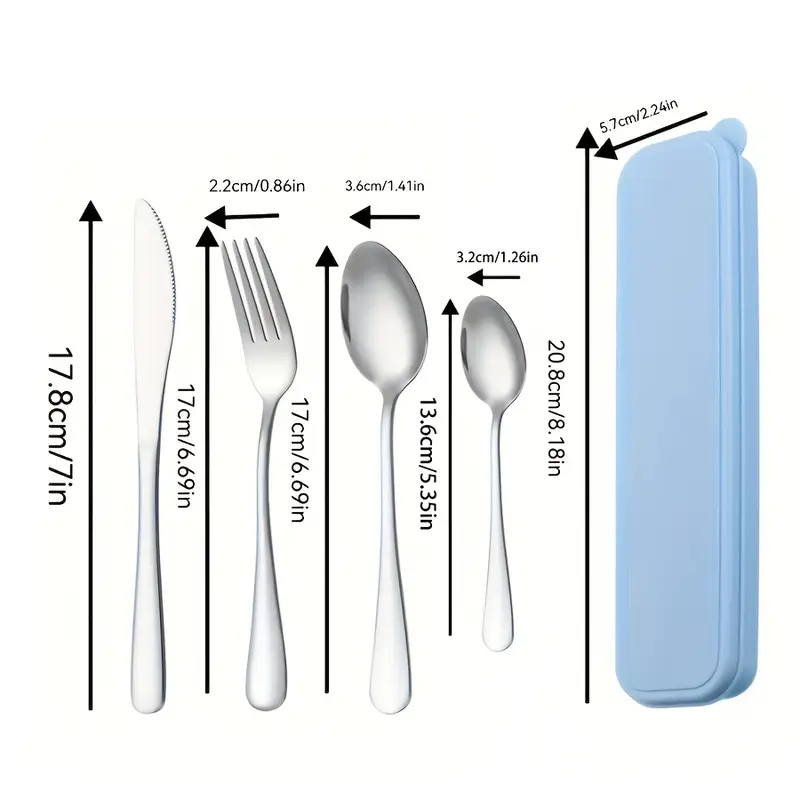 5pcs portable stainless steel cutlery set with storage box, reusible silverware camping utensils knife dishwasher safe for work school picnic travel lunchbox kit Product details 2