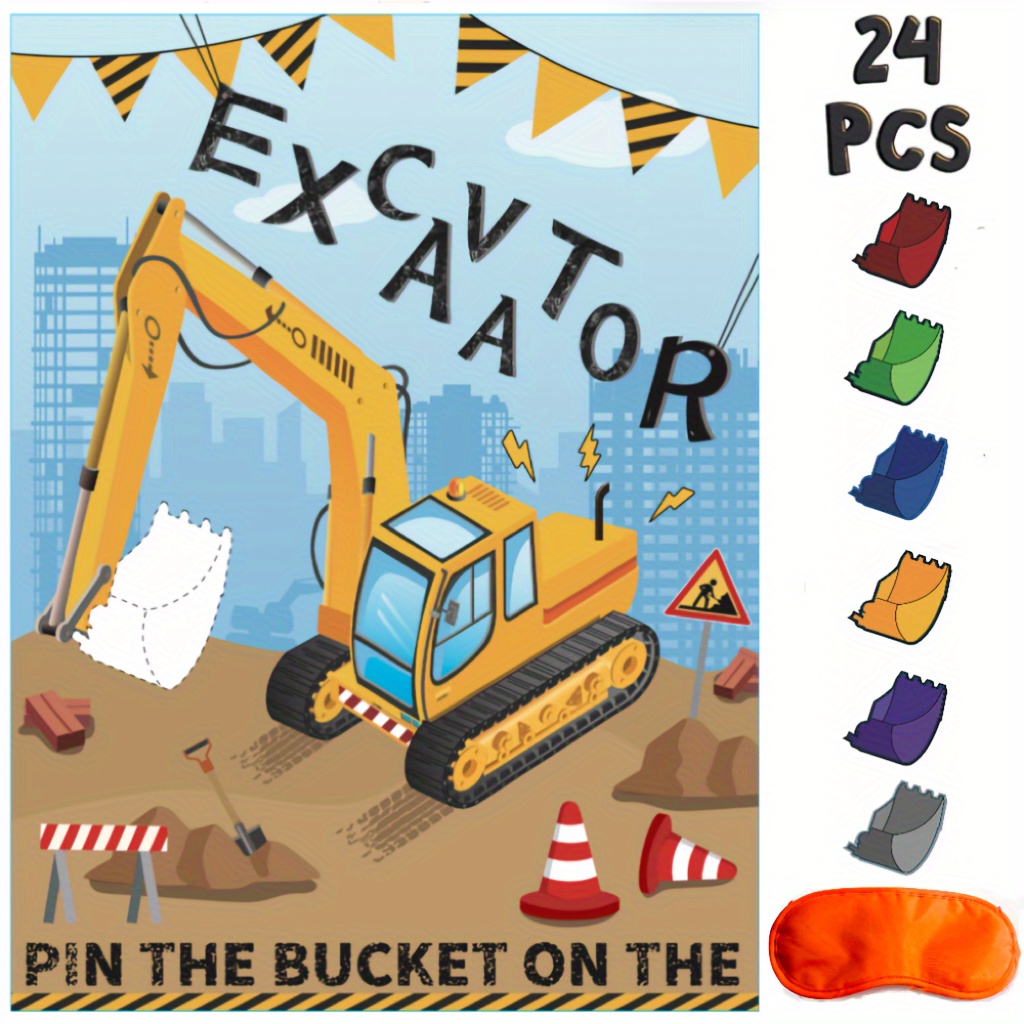 

Set, Pin The Bucket On The Excavator Party Games - Construction Party Decorations 21 X 28 Inch Truck Game Poster With Reusable Stickers For Birthday Family Classroom Activities