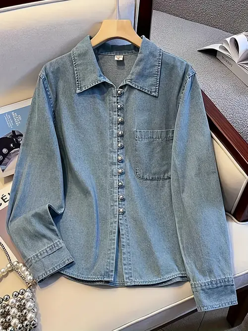 여성을 위한 유행하는 빈티지 데님 셔츠, 다재다능한 캐주얼 데님 자켓.