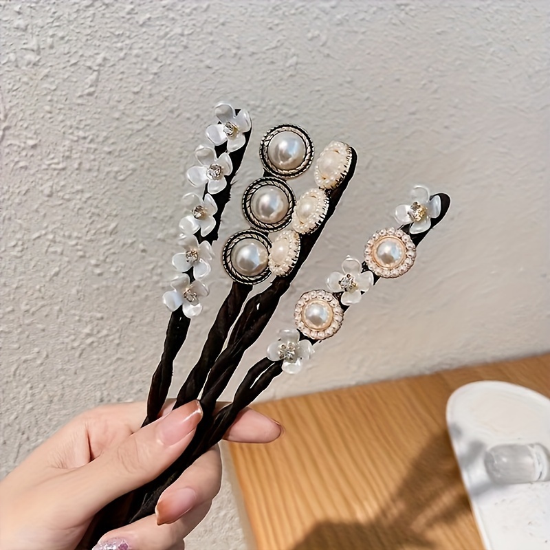 TEMU 4pcs Twist Hair Bun Maker, Pearl Decorative Hair Clip, Flower Hair Band, Diy Hair Styling Accessories For Women And Daily Uses
