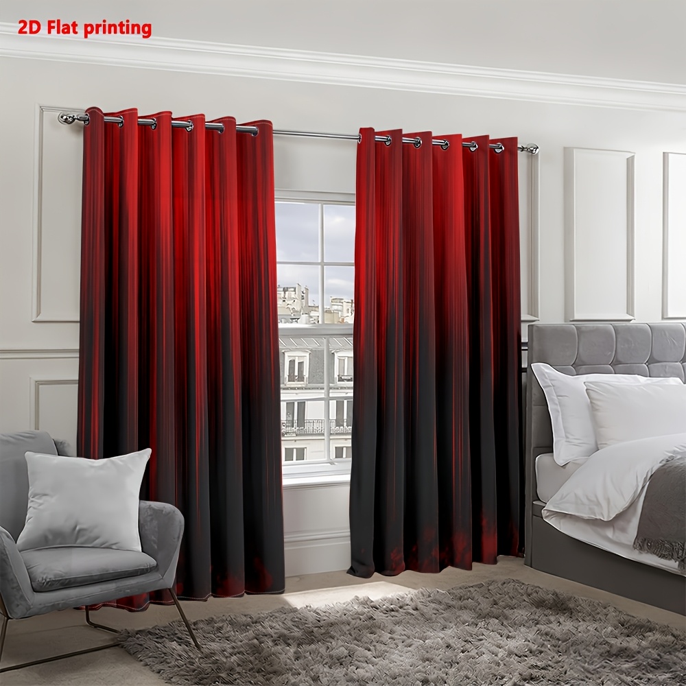 Image of 2d Flat - 2d Flat 2pcs Curtains, Abstract Red And Black Gradient, Digital Printing, Sun Blocking, Living Room, Bedroom, Home Decor