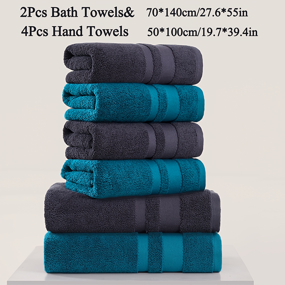 Image of 6pcs Set, 4pcs Large Size Hand Towels And 2pcs Bath Towels, 500gsm, Solid Towels, Options, Absorption, Multiple- Availability, For Fitness, Bathroom Shower, Hotel