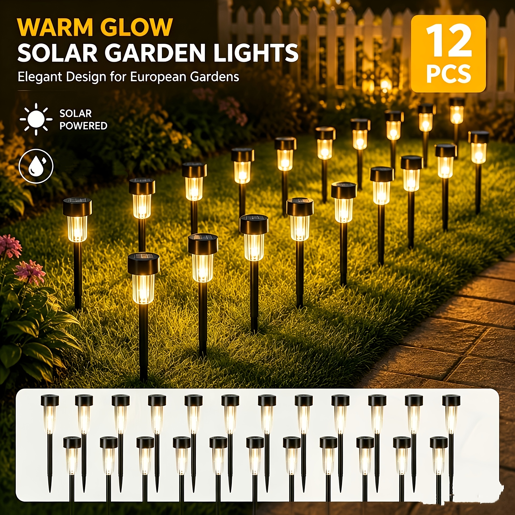 TEMU 12-pack Solar-powered Pathway Lights, Led Tube Landscape Lighting With Sensor , Suitable For Lawns, Private Walkways, Patio Areas, And