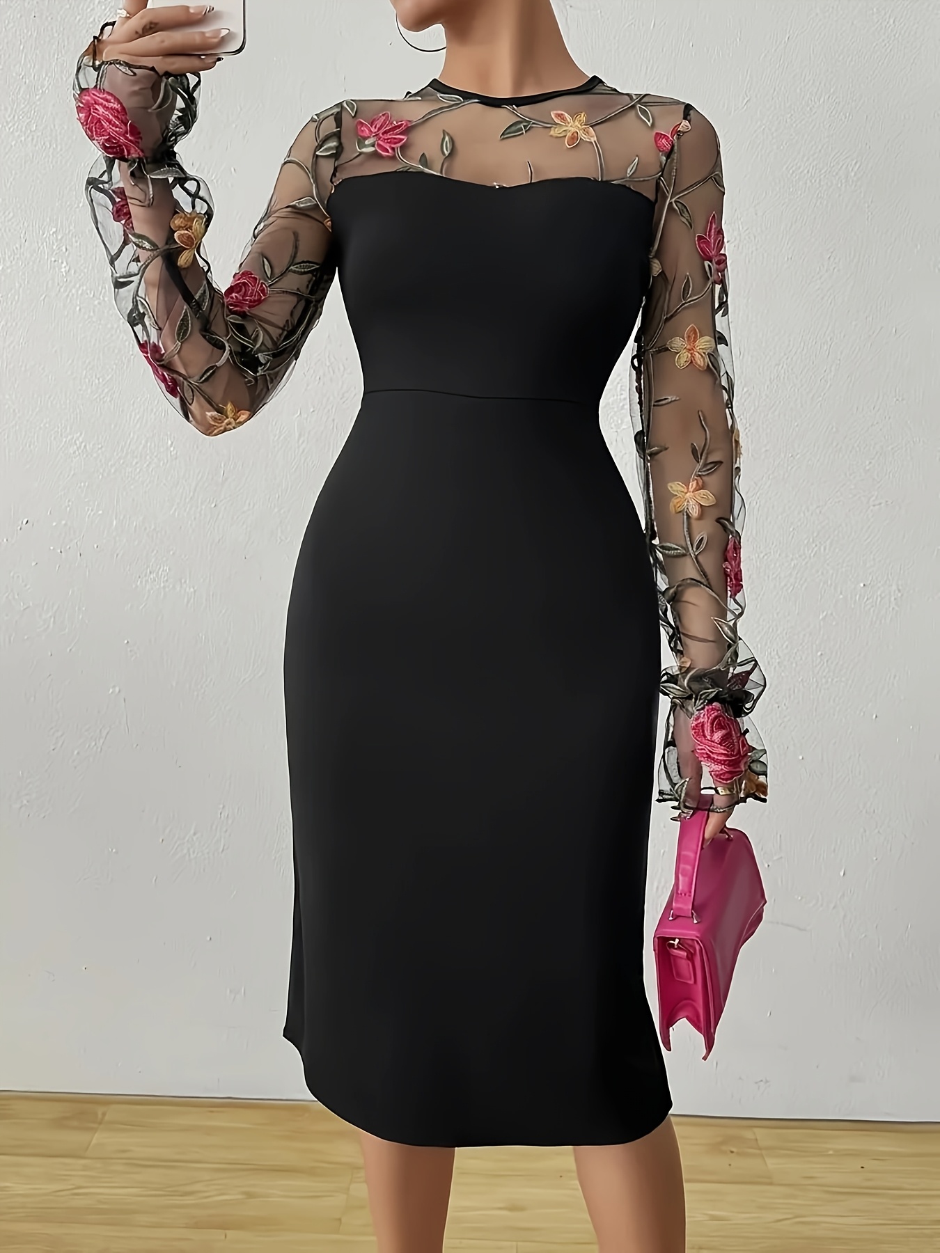 womens elegant black floral embroidery long sleeve dress - Temu Oman