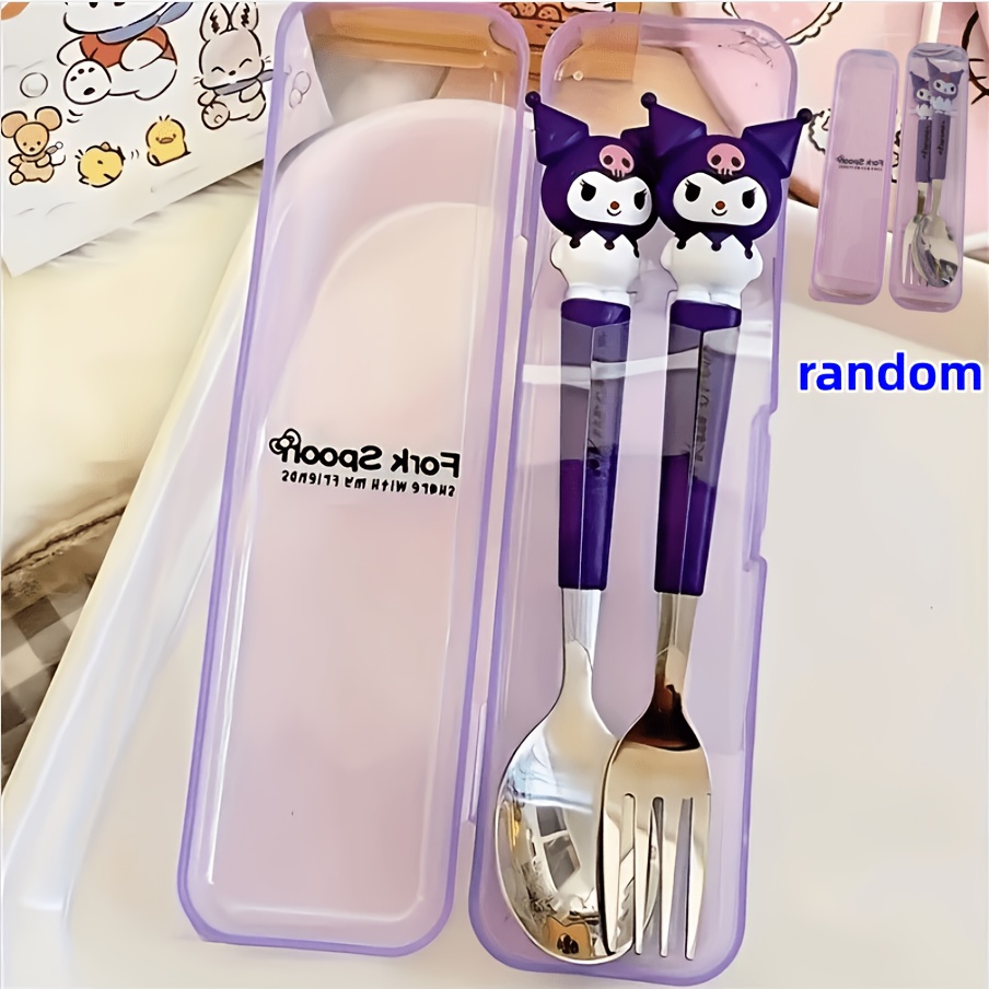 Image of Cartoon 2pcs Stainless Steel Travel Utensil Set - Portable Fork And Spoon, Random Style