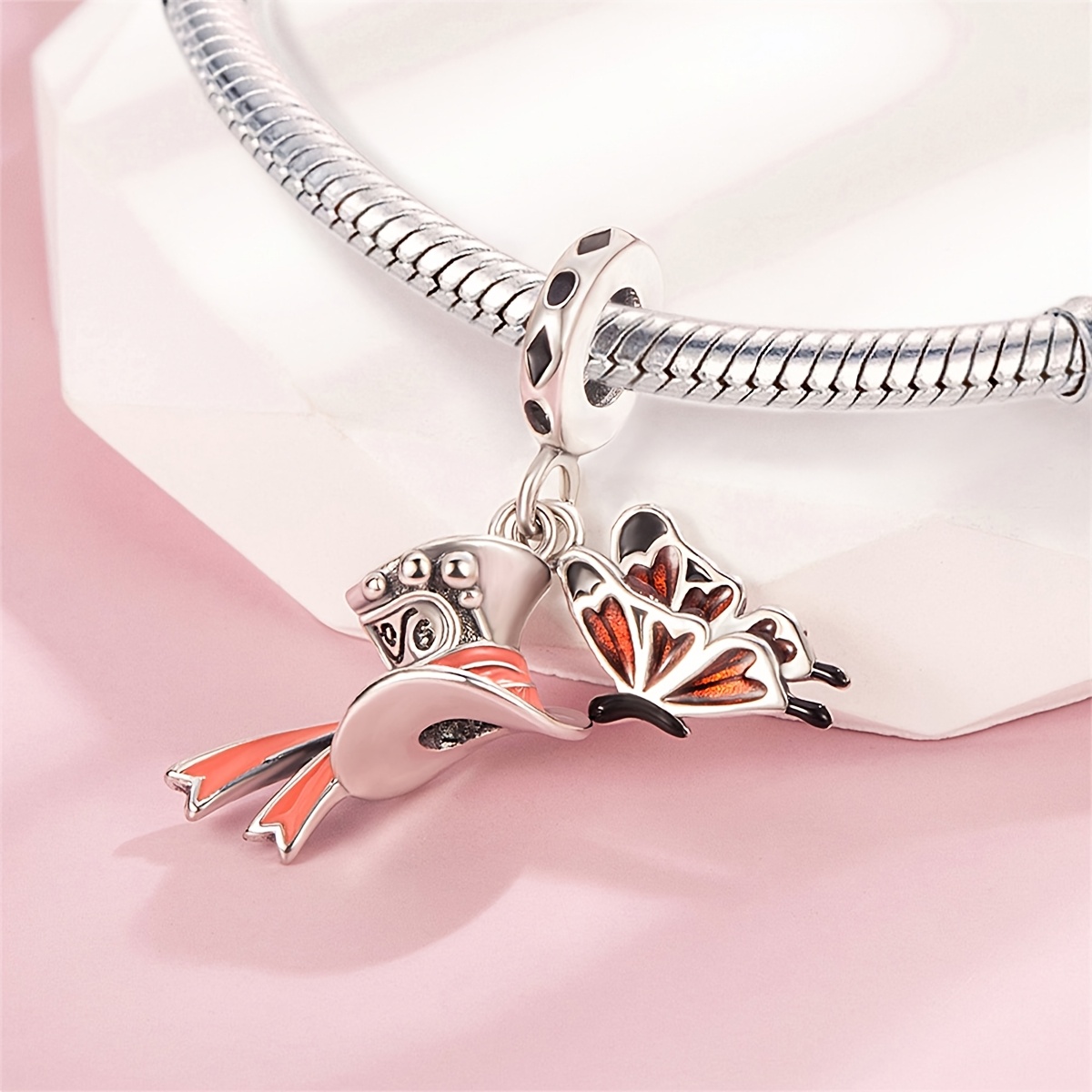 Silver Plated Copper Hat & Enamel Butterfly Charms Pendant