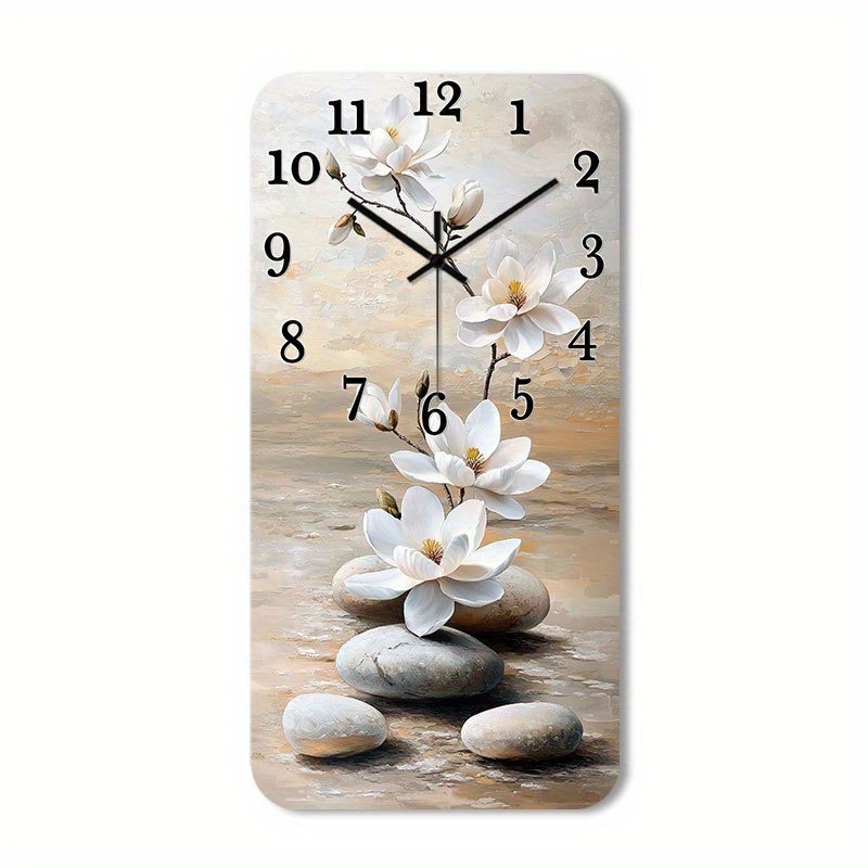 TEMU () 1pc Silent Wall Clock Non-ticking Wooden, Decorative Rectangular Clock Hd Glossy Lamination Finish Abstract Floral Arrangement With Stones.