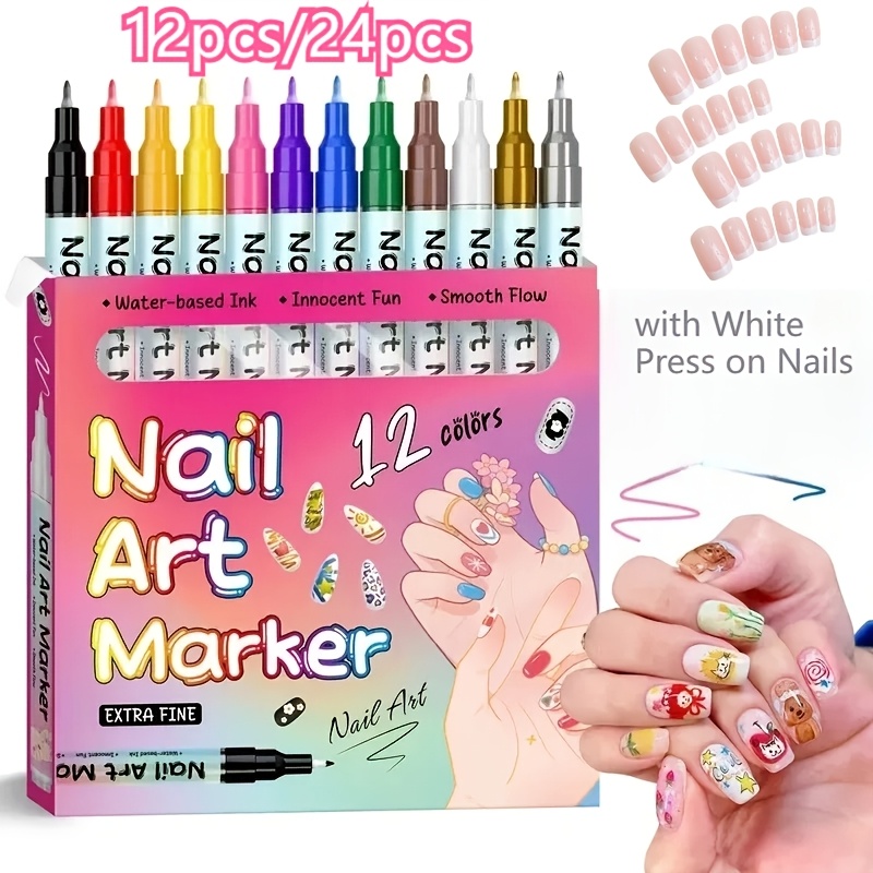 TEMU 12pcs/24pcs Press-type Nail Art Pen Set - 3d Fingernail Polish Pens, Quick-dry Acrylic Paint Nail Art Markers, Dotting Doodle Tools For Nail Art