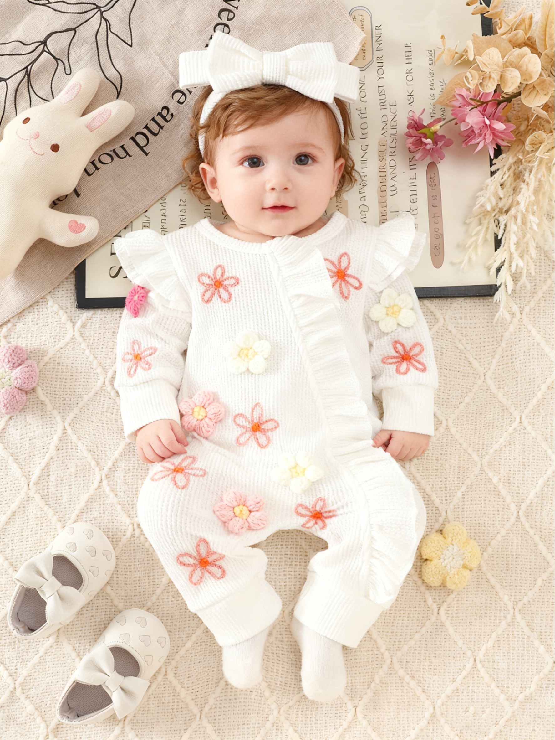 Baby Girl'S Bohemian Smock Dress - Solid Color Long Sleeve with Flying Sleeves And Lace Trim * Midi Length Romper, Machine Washable for Photoshoots And Casual Wear