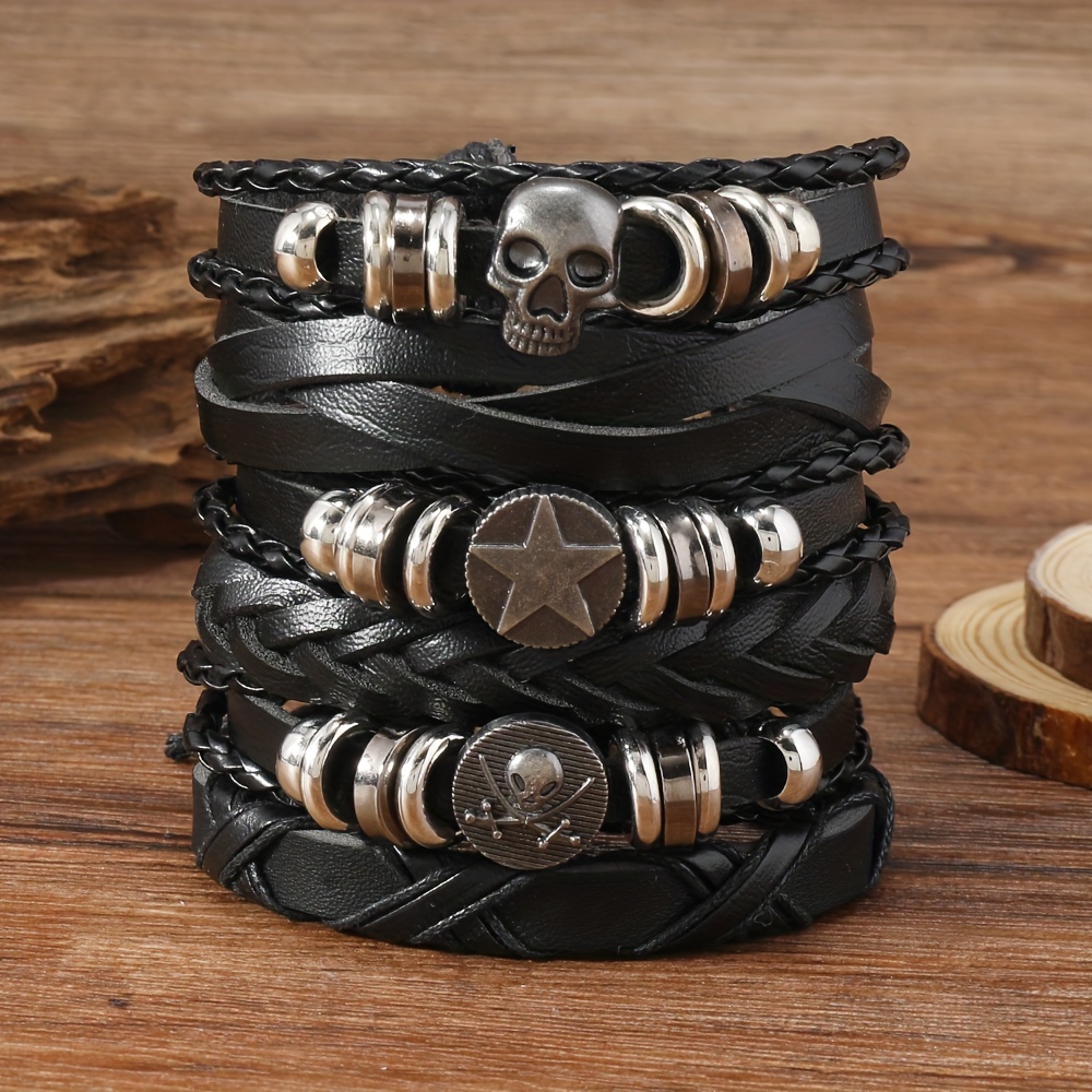 

Vintage Pirate Skull Multi-layer Bracelet Set, Handcrafted Woven Pu Leather Bracelet Bundle, Fashionable Bohemian Style Bangle Collection For Gifts