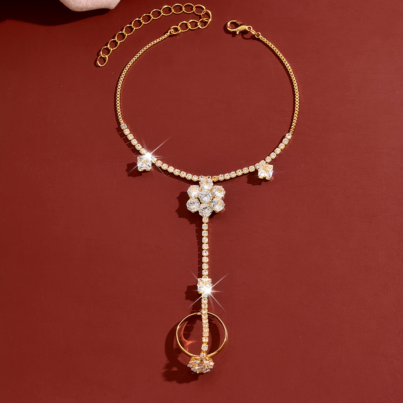 Women's Floral Inlaid Rhinestone Wrist Chain Bracelet