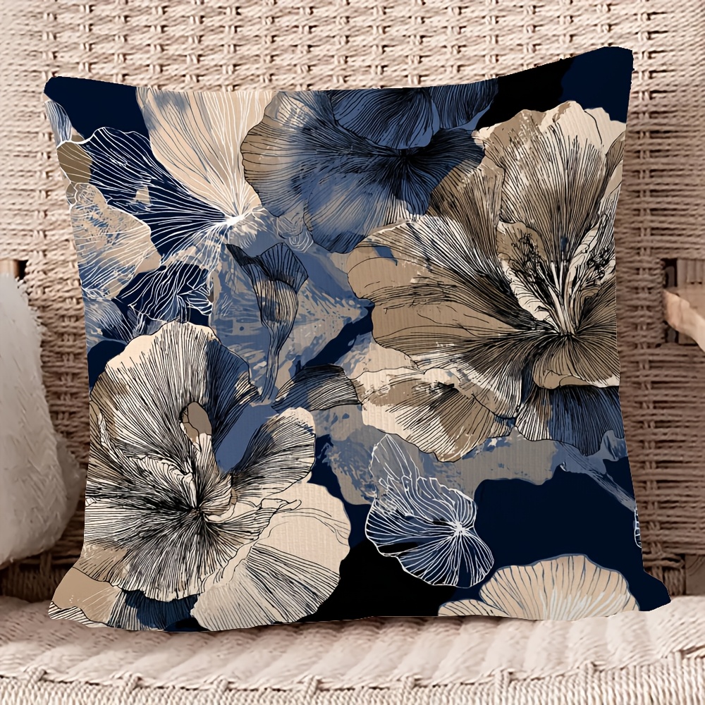 TEMU 1pc, Multiple Sizes Double-side Printing Short Pillowcase, Navy Blue Beige Abstract Flower Black Throw Pillows Covers, Suitable For Sofa, Living