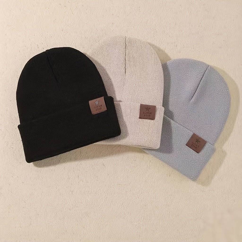 Image of 3pcs Unisex Star Patch Autumn And Winter Skull Cap Beanies Cuff Hats Caps, Roll-up Edge For Men Daily And Outdoors Beanie Hats Winter Women