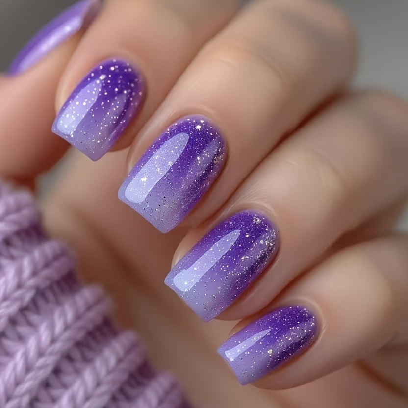 TEMU 24pz Unghie a Pressione Viola Cielo Stellato Sfumato con Glitter Dorati, Unghie Sfumate Staccabili e Indossabili dall' Delicata e Femminile