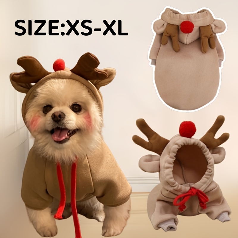 

Cozy Reindeer-themed Fleece Pet Hoodie For Small To Medium Dogs And Cats - Warm, Knit Winter & Autumn Apparel With Cartoon Pattern, Machine Washable