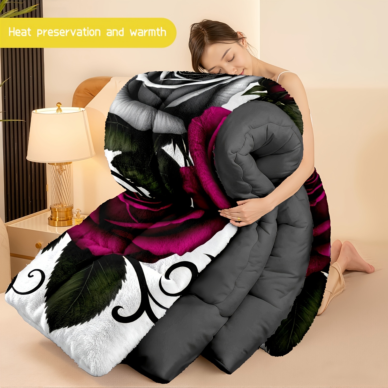 TEMU 3pcs (1 Comforter + 2 Pillowcases) Rose & Flannel And Milk Velvet Comforter Set, Soft Warm Bedding Set For Adults, Cozy Milk Velvet Quilt Set,
