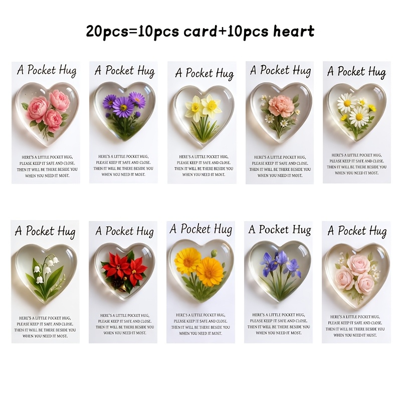 TEMU 2d Flat - 2d Flat - Gift For Her/him Set Of 20 Heart-shaped Pocket Hug Cards And 2d Heart-shaped Flower Decorations, Featuring 10 Cards And 10