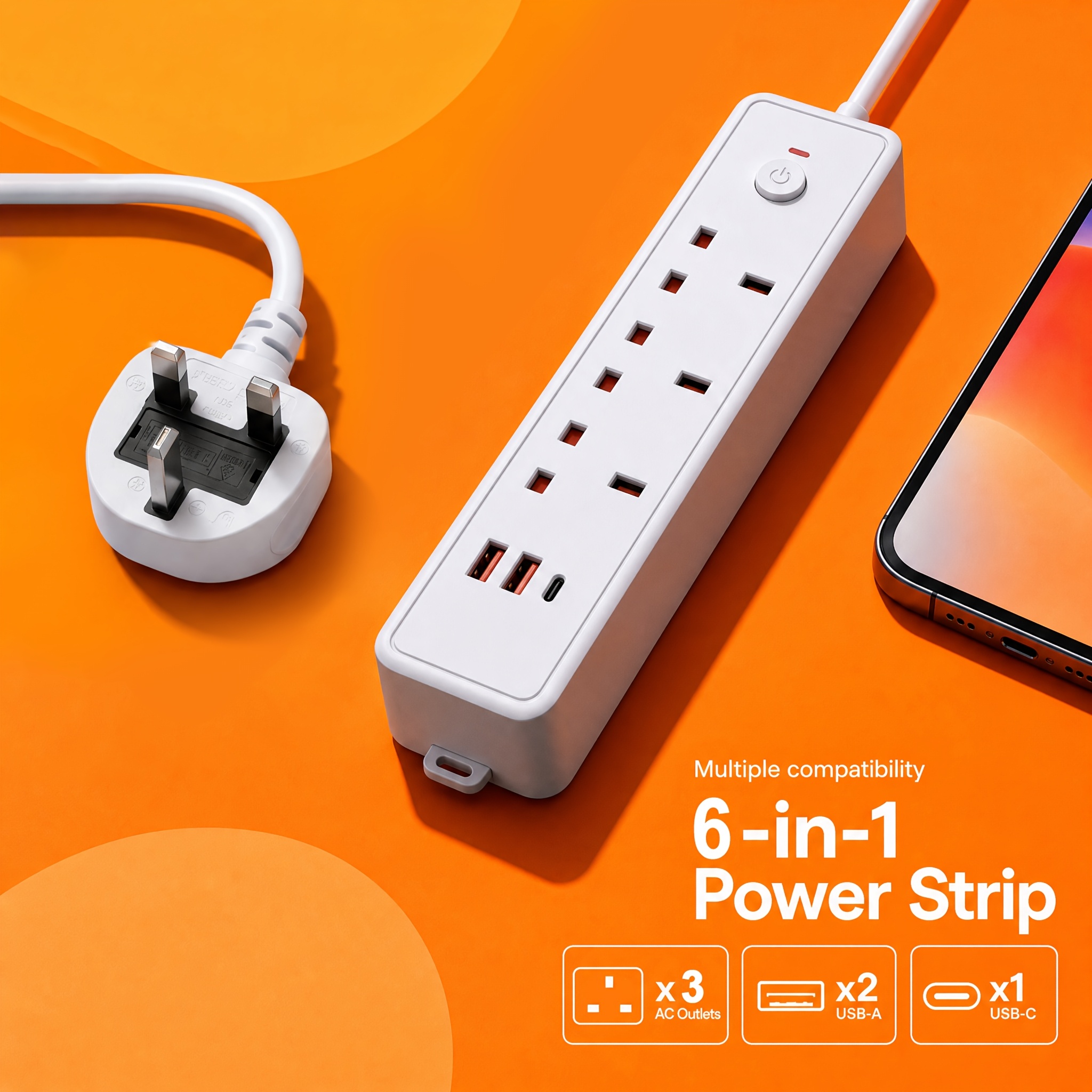 TEMU /9.84ft Uk Power Strip 3 Ac Outlets 2 Usb-a And 1 Type-c Ports Protection Extension Lead With Switch For Home Office