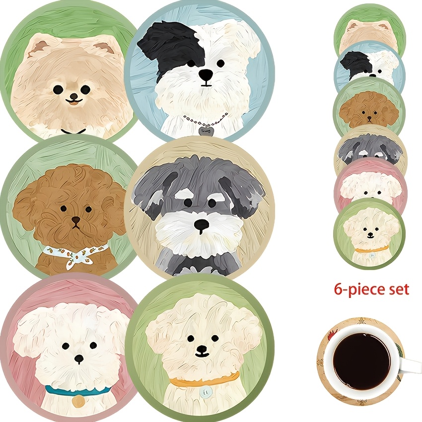 TEMU A Set Of 6 Adorable Round Wooden Coasters Featuring Cute Puppy Designs, Perfect For Coffee Cups, Water Cups, Office Use, And Party Decorations.