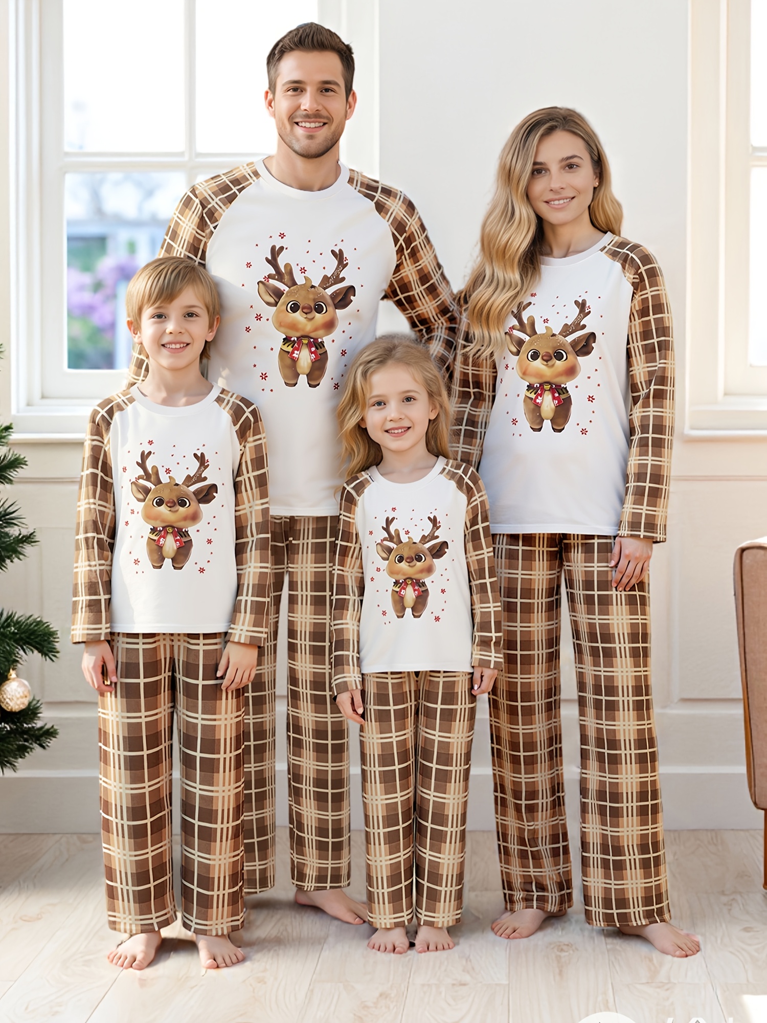 Parent-Child Matching Christmas Pajama Sets - Family Holiday Sleepwear with Reindeer Print & Plaid Design, Cozy Long Sleeve Round Neck Outfits for Parents & Kids, Soft Winter Pajamas for Family Movie Nights & Xmas Photos, Cute Dog Outfit Option (One
