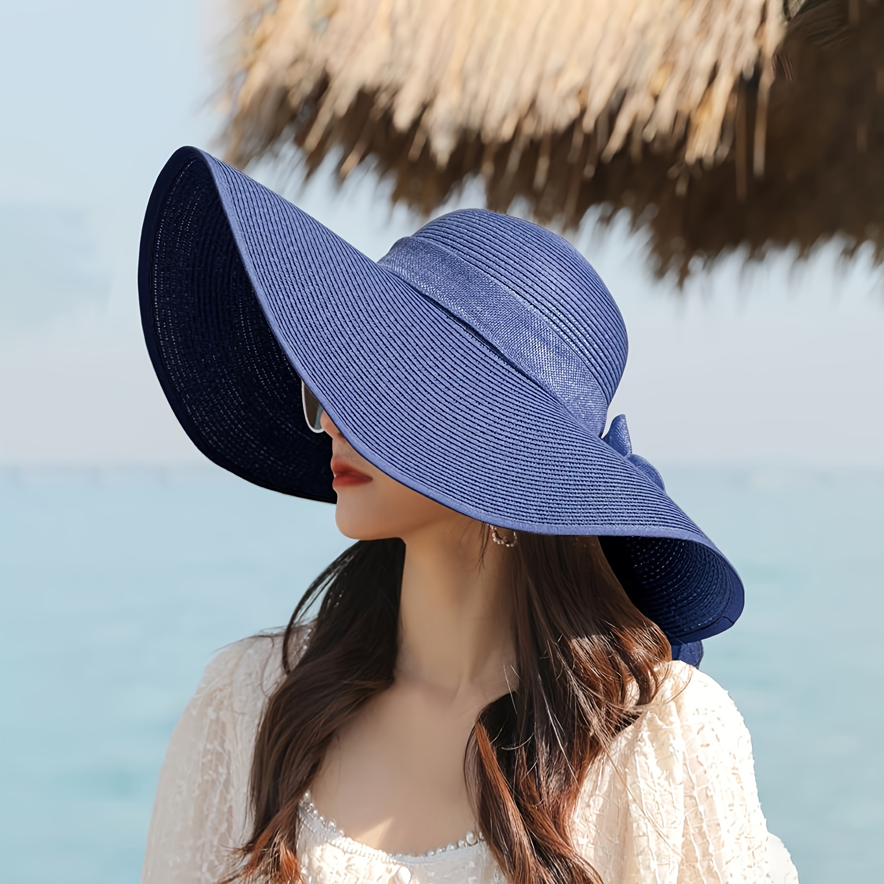 wide brim bowknot straw hat trendy solid color summer sun Temu United Kingdom