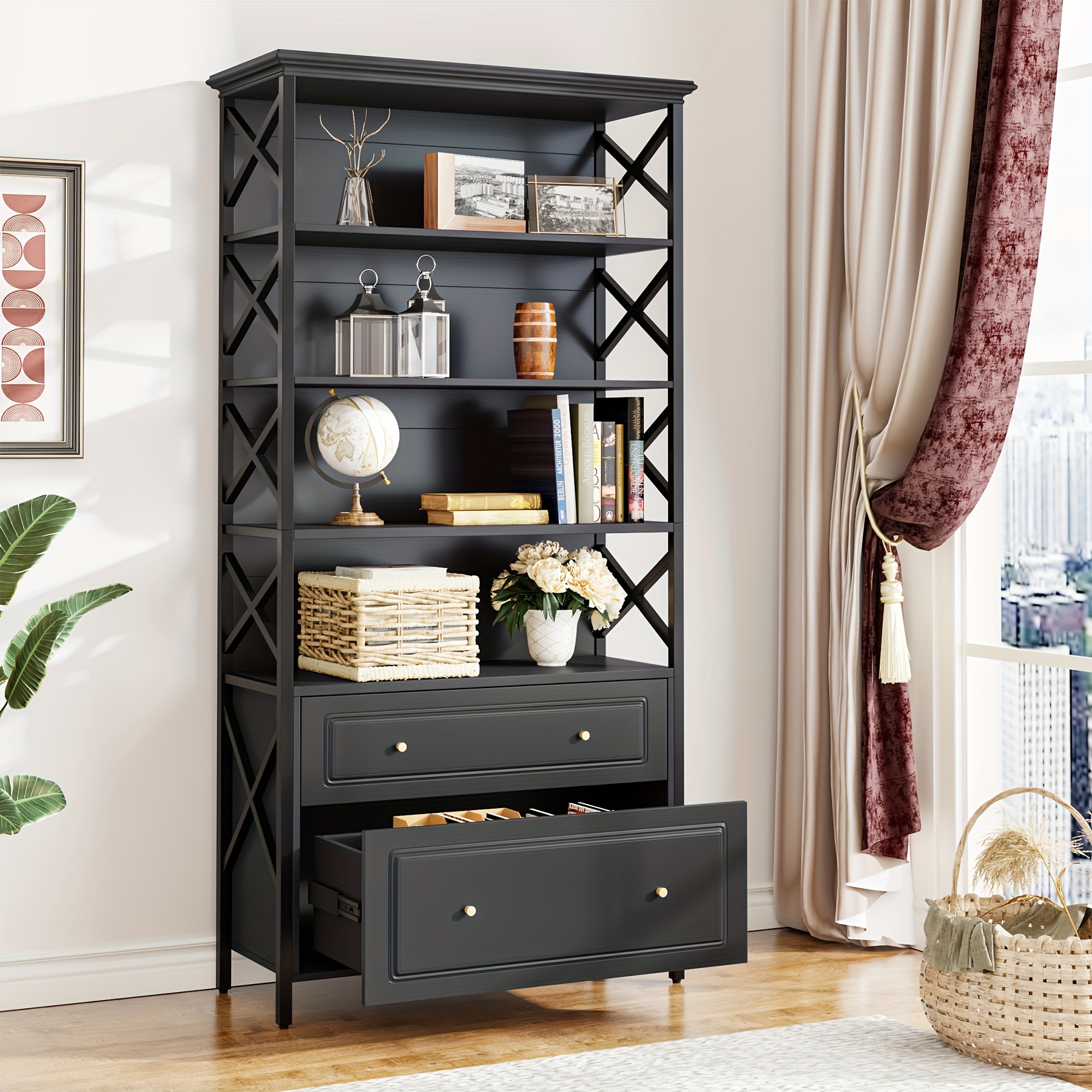 TEMU Little Tree Modern Bookshelf Heavy Duty Display Rack 6-tier Bookcase With 2 Drawers, Tall Narrow Bookshelf With Drawer, Living Room, Bedroom