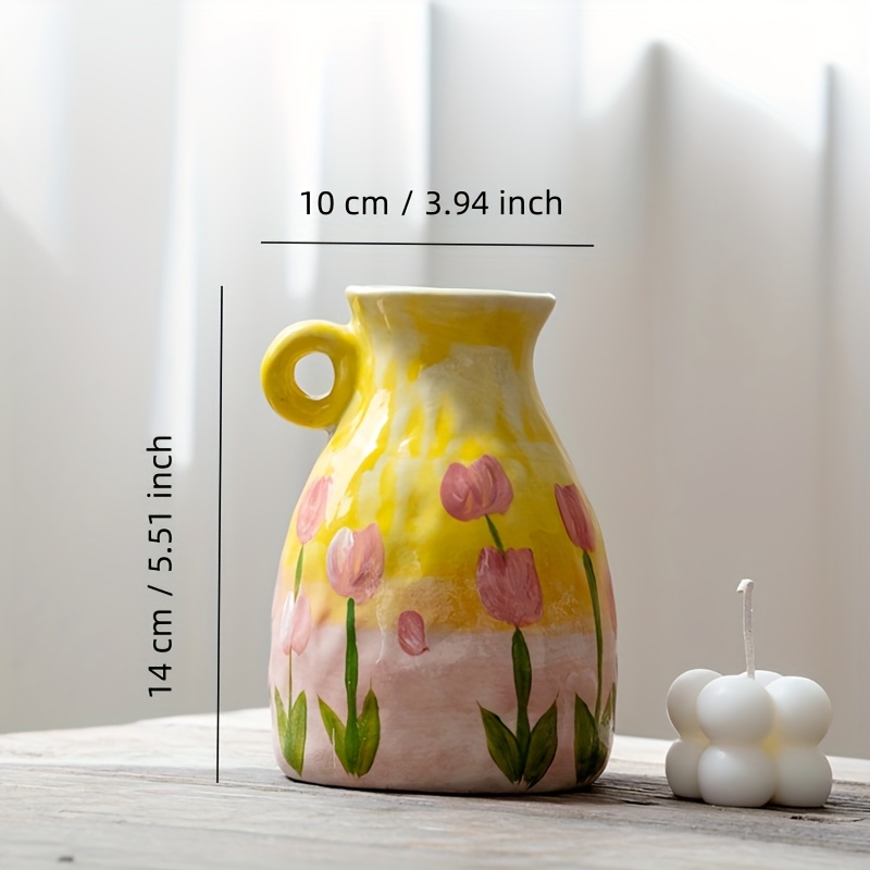 Image of A Hand-painted Porcelain Vase With A Handle And Vibrant - Perfect For Fresh Flower Arrangements, Living Room Decor, And Accents | Ideal For 's Day And Easter Decorations