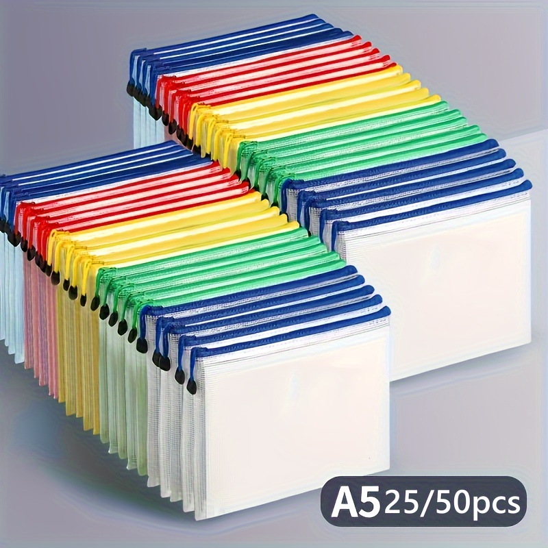 

25/ 50pcs, A5 Mesh Zipper Bag, Mesh Bag With Zipper, Zipper Storage Bag, Letter Size, Multiple Colors, For Office Supplies,