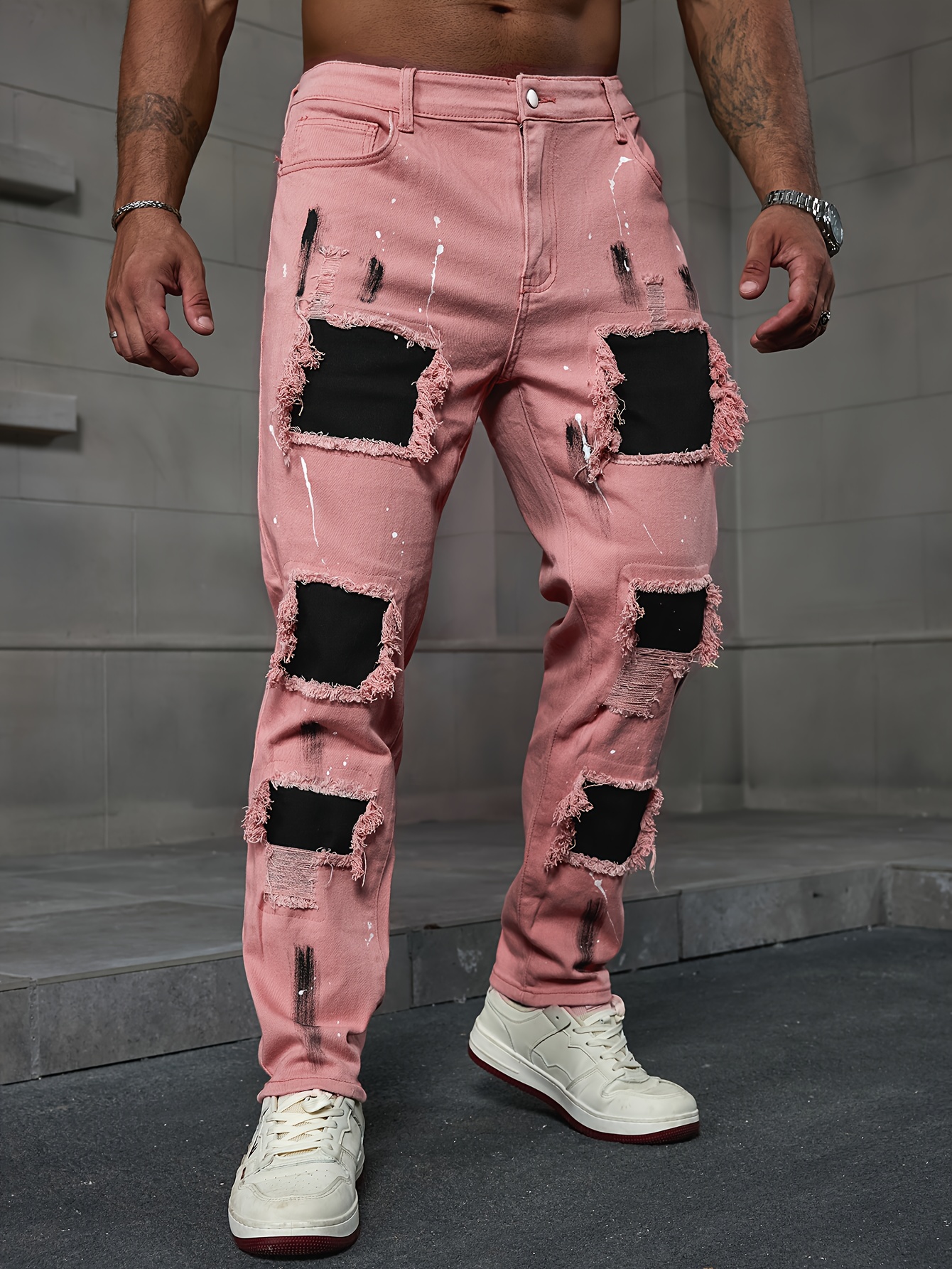 Pink Baggy Pants Men Men Pink Denim Pants Loose Straight Leg Jeans
